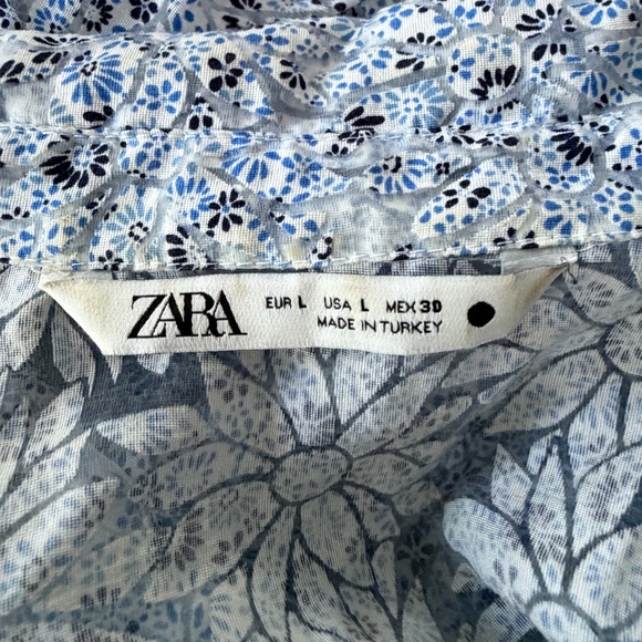 Zara Blue Organza Floral Pattern Button-down Shirt Top Large - Picture 6 of 6